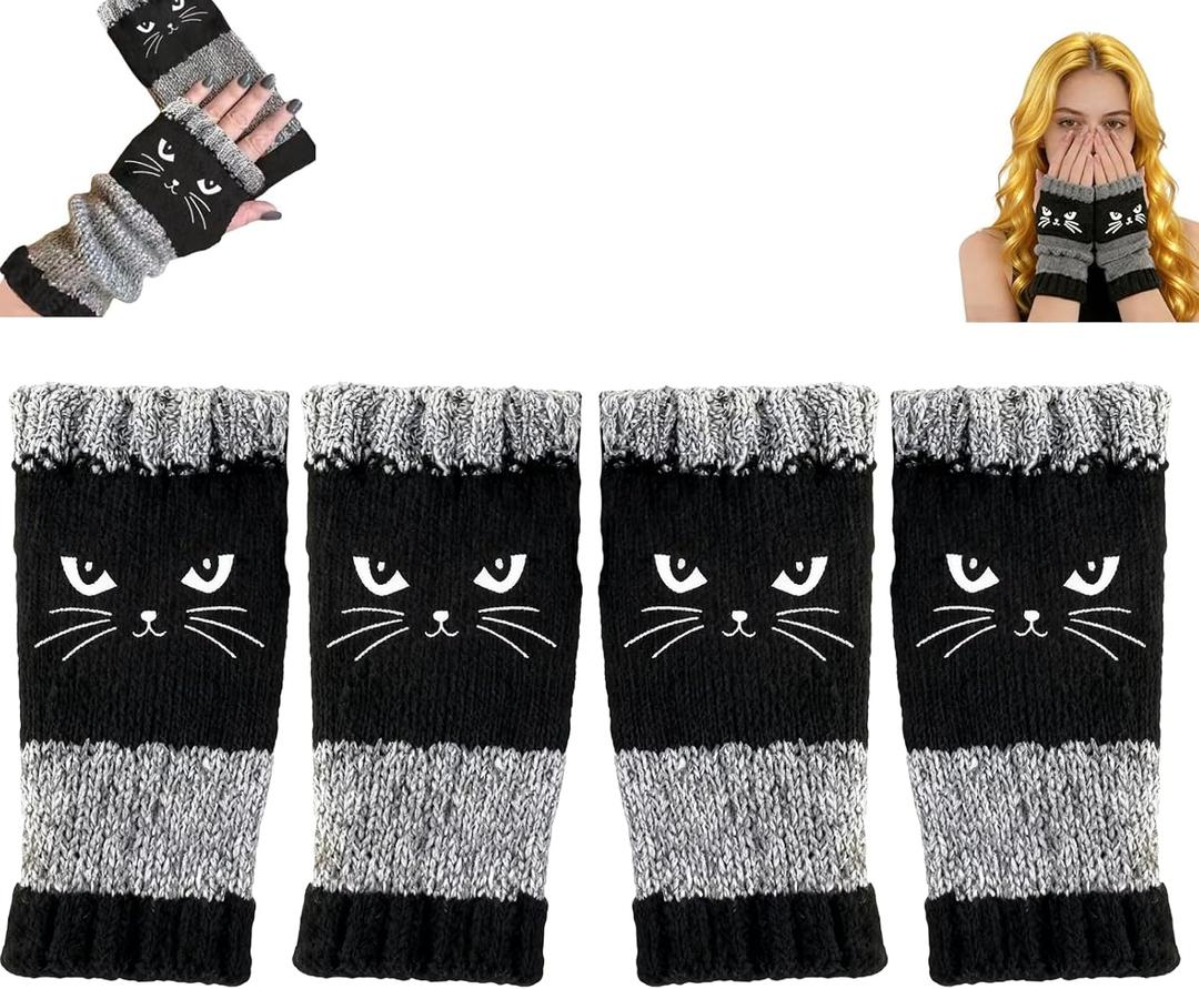 2 x 2Pairs Cat Embroidery Splicing Knitted Gloves Warm Gloves Fashion Leaky Finger Casual Women's Glove