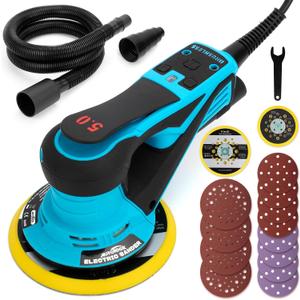 Autolock Electric Random Orbital Sander, 350W Brushless Motor with 5 & 6 Inch pads, 10000RPM Electric Palm Sander for Woodworking, Sanding and Polishing (Blue)