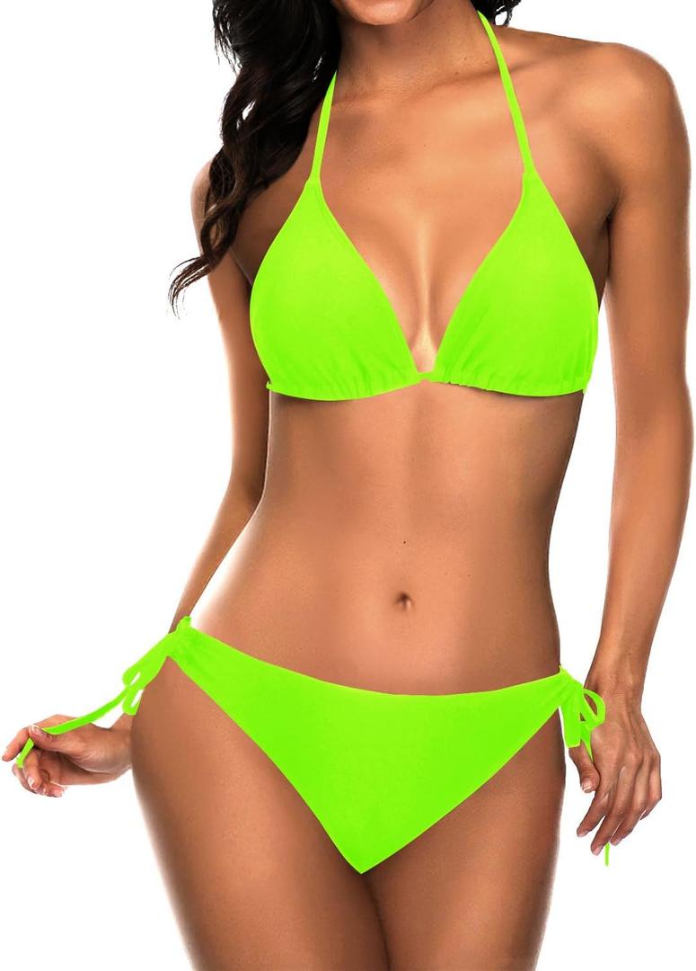 Tempt Me Women Triangle Bikini Sets Halter Two Piece Sexy Swimsuit String Tie Side Bathing Suit (Small, Neon Green)