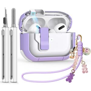 Clear Case for AirPods Pro 2nd/1st Generation With Cleaner Kit, Secure Lock for Apple Airpod Pro 2&1 Gen Cover, Silicone Wrist Strap, Cute Candy Keychain for Women, Purple