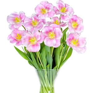 TURNMEON 10 Pcs Tulips Artificial Flowers for Outdoors Summer Decor, 22'' Fake Tulips Silk Fake Faux Flowers UV Resistant No Fade Wedding Bouquet for Home Office Table Gardens Porch Decoration, Pink
