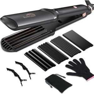 Hair Crimper for Women - Ceramic Waver Hair Tool with 4-in-1 Flat Crimping Iron Plates, 15s Fast Heating, Volumizing Hair Crimper, for All Hair Types - Black
