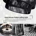 Black Boho Light Fixtures Ceiling Mount 18'' Coastal Hemp Rope Semi Flush Mount Ceiling Light Fixture 3-Light Rattan Light Fixtures with 2-Tier Drum Shade for Dining Room Kitchen Entry