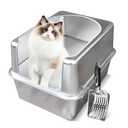 Stainless Steel Litter Box with Metal Lid and Scoop - Enclosed Metal Litter Box for Large Cats, Rust-Resistant, Odor-Control, Easy to Clean, Durable & Long-Lasting with Round Edge (L)