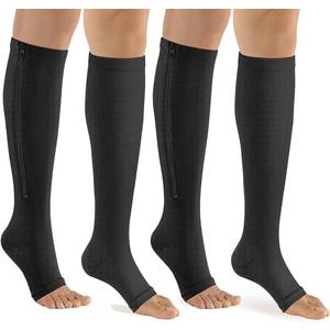 Bropite Zipper Compression Socks Women & Men - 2Pairs Calf Knee High 15-20mmHg Open Toe Compression Stocking suit for Walking, L/XL