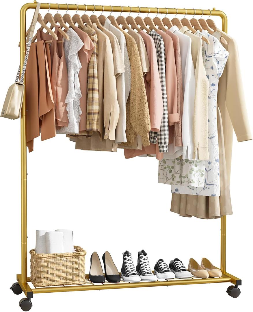 Clothes Rack - Clothing Rack with Storage Mesh Shelf & Casters, Heavy-Duty Metal Clothing Rack for Hanging Clothes, Dresses, Coats, Large Load Capacity, Easy Assembly, Gold, 44.3"x16.9"x59.0"