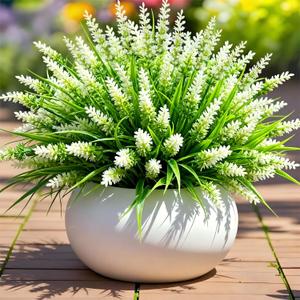 Geegoods Artificial Plants Flowers Outdoor  24 Bundles UV Resistant Faux Lavender Flowers with Monkey Grass for Garden Porch Window Patio Hanging Planter Decor (White)