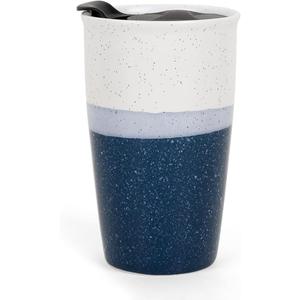 KERMANDO Ceramic Travel Mug with Lid, Blue Double Wall Coffee Mug Tumbler, Reusable Tall Cup, Splash Resistant Lid, Dishwasher Microwaveable Safe