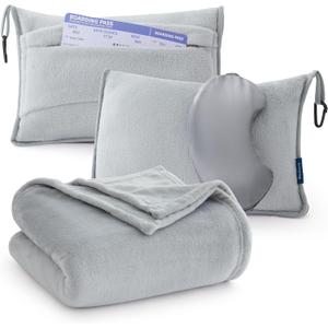 Bedsure Travel Blanket Airplane Compact with Storage Bag, Packable Blanket with Eye Mask, Lightweight 3-in-1 Travel Essentials, Functioned as Pillow for Airplane Comfort and Warmth, Grey (Throw)