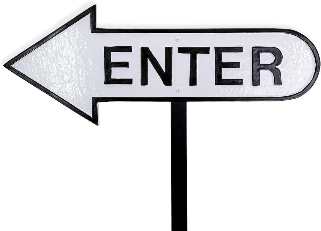 6" x 15.5" Left Arrow Enter Statement Plaque Sign with Lawn Stake - White/Black