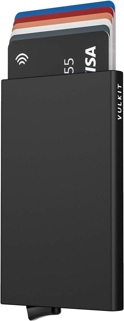VULKIT Pop Up Wallet, Slim Minimalist Credit Card Holder For Men and Women RFID Blocking Mini Metal Case Black