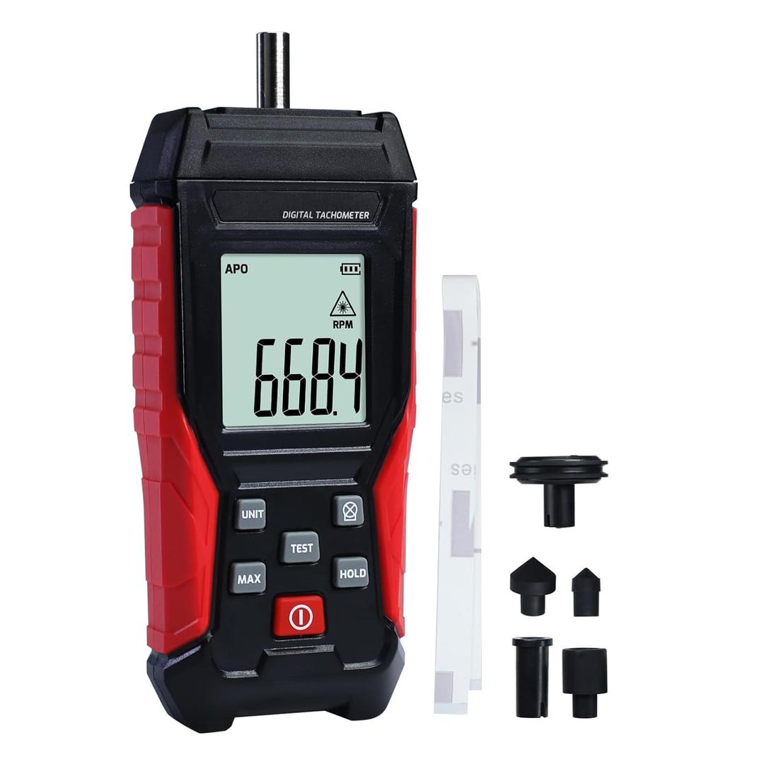 Digital Tachometer 2-in-1 Non-Contact Laser Photo Tachometer 3~99,999RPM & Contact RPM Meter Gauge 3~19,999RPM Handheld RPM Tachometer Tester with Contact Probes for Line Speed and Motor RPMs Testing