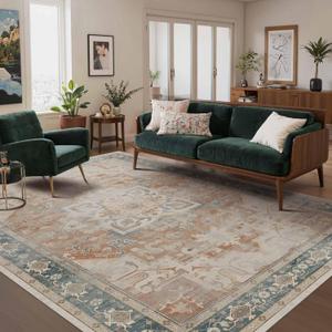 Rugxara 6X9 Orange Boho Rug,Large Washable Area Rugs for Living Room, Neutral Vintage for office, Dining Room, Kids Room, Farmhouse, Low Pile Non Slip Carpet for High Traffic Areas, Coral(orange&blue)