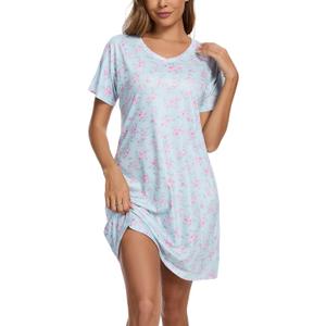 Nightgowns for Women Soft Cotton Sleep Shirts Short Sleeve Sleepwear S-XXL (Large, Blue Pink Flowers)