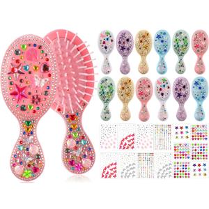 12 Sets Hair Brush Decorating Kit DIY Mini Hair Brush with Gem Stickers Make Your Own Hairbrush Self-adhesive Rhinestone Stickers Craft Kit for Women Party Gifts