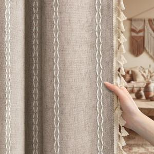 Brown Boho Blackout Curtains 2 Panels 84 Inch for Living Room Bedroom, Warm Taupe Linen Texture Farmhouse Curtains with Tassels and White Cotton Embroidery Vintage Rustic Country Western