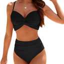 SEAFORM Women's Bikini Sets Two Piece Tummy Control Swimsuit High Waist V-Neck Beachwear Twist Front Straps Bathing Suits (Large, Black)