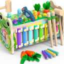 6-IN-1 Wooden Montessori Toys for 1 Year Old, Mole-Tapping Game | Play the Xylophone | Frog Clock | Carrot Harvest Game | Spinning Gear, Toddler Toys Aged 1-4, Baby Toy Gift for Early Learning