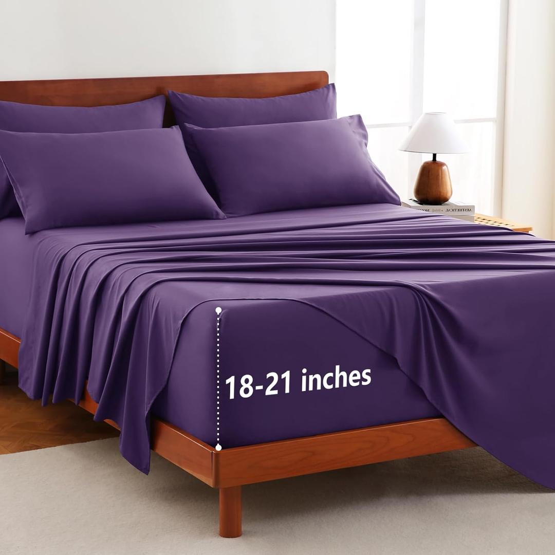CozyLux Extra Deep Pocket King Size Sheets Set - 6 Piece King Sheets - Luxury Sheet King Size Fits Up to 21 inches Mattresses, Breathable King Sheet Set & Pillowcases - Easy & Secure Fit, Purple