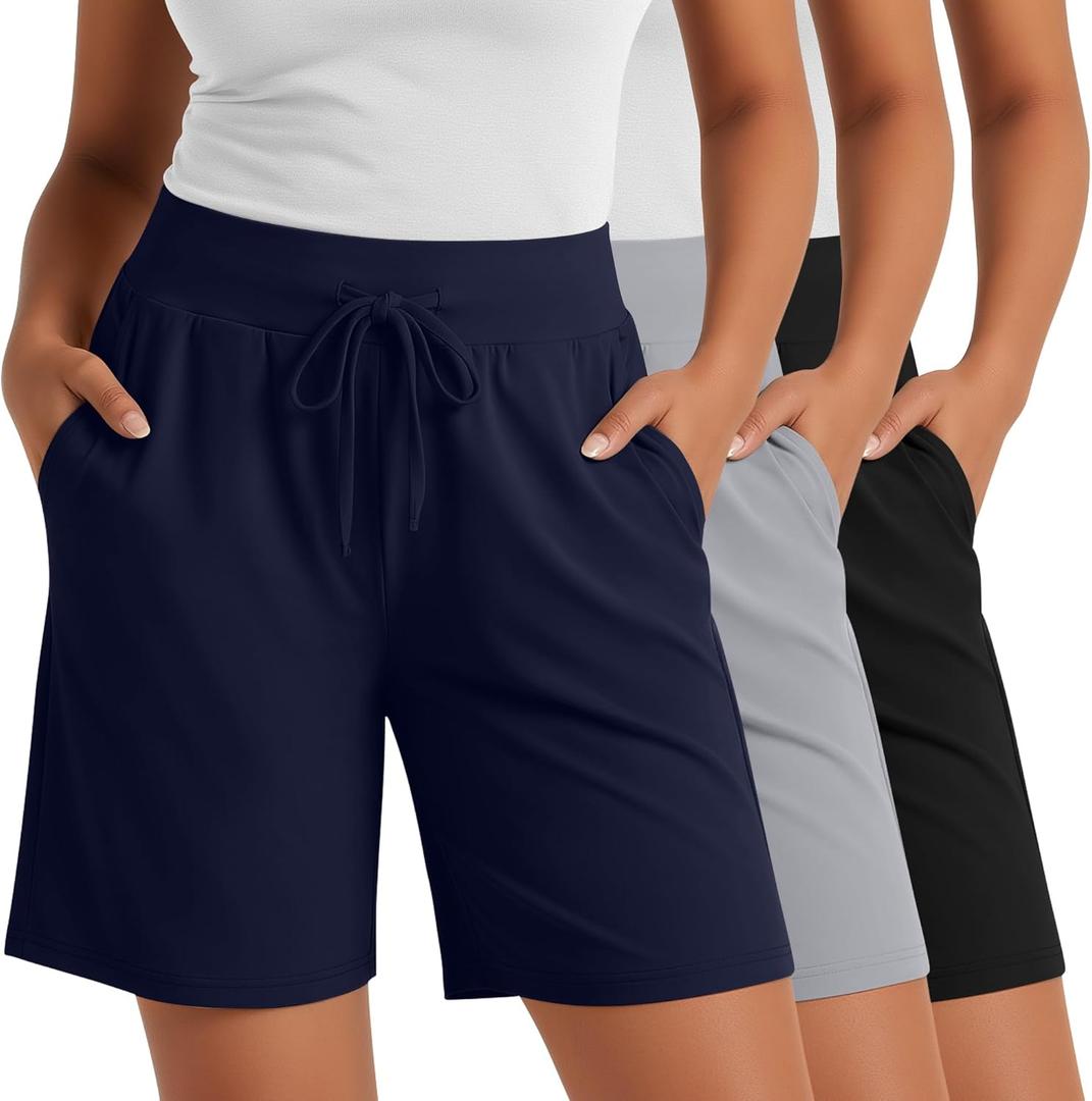 Neer 3 Pack Plus Size Women's Bermuda Shorts Drawstring High Waist Casual Athletic Sweatpants with Pockets (Black, Navy Blue, Light Gray,3XL)