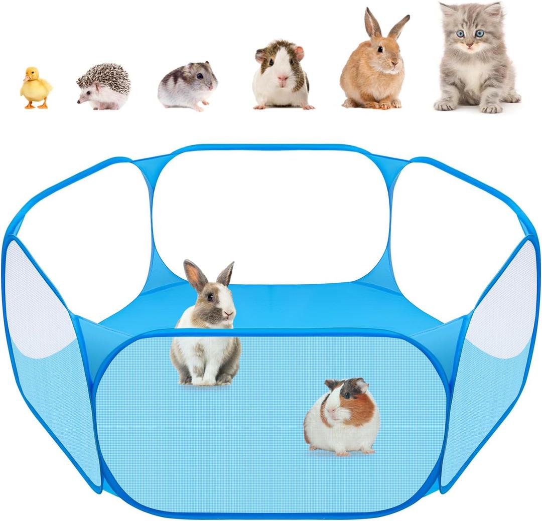Amakunft Small Animal Playpen, Pop-Up Portable Play Yard for Guinea Pigs, Rabbits, Hamsters, Hedgehogs, Foldable Exercise Fence with Breathable Mesh for Indoor Outdoor Use (Blue)