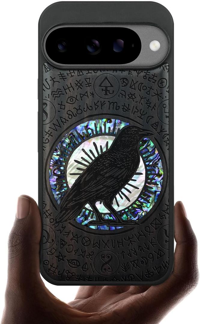Carveit Magnetic Wooden Case for Google Pixel 10 Case, Wood Artisan Engraved & Handmade Shell Inlaid, Compatible with MagSafe Wireless Chargers, Haloed Crow - Blackwood