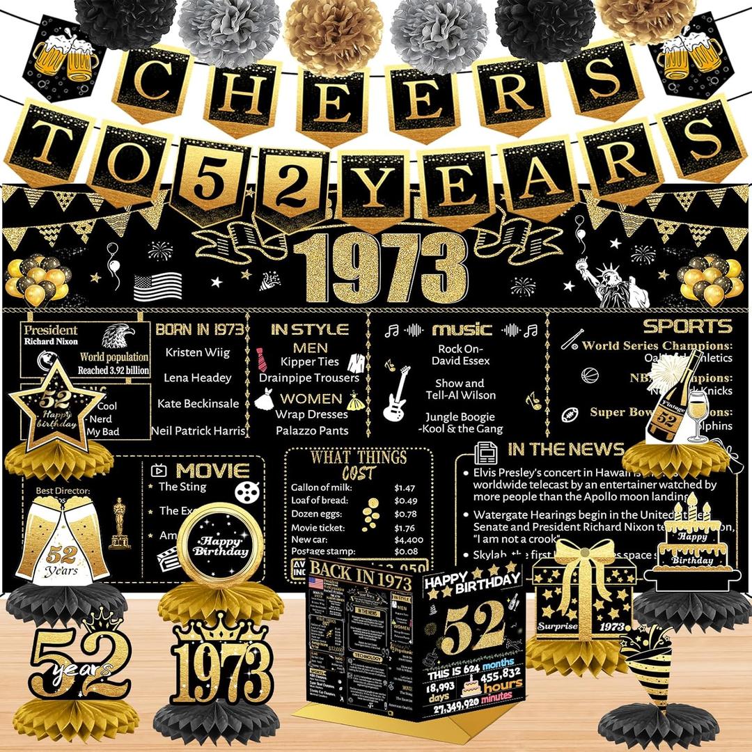 52nd Birthday Decorations for Women Men, 18PCS Black Gold Back in 1973 Banner Decorations, Bday Backdrop, 52 Year Old Banner for Mother Dad, Birthday Card, 6 Paper Poms 9 Honeycomb Balls