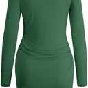 AUXDIO Women Bodycon Long Sleeve Dresses Casual V Neck Ruched Wrap 2026 Spring Fall Party Club Mini Dress (Green, L)