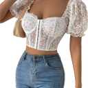 OYOANGLE Women's Boho Ditsy Floral Print Sweetheart Neck Short Puff Sleeve Crop Top Blouse