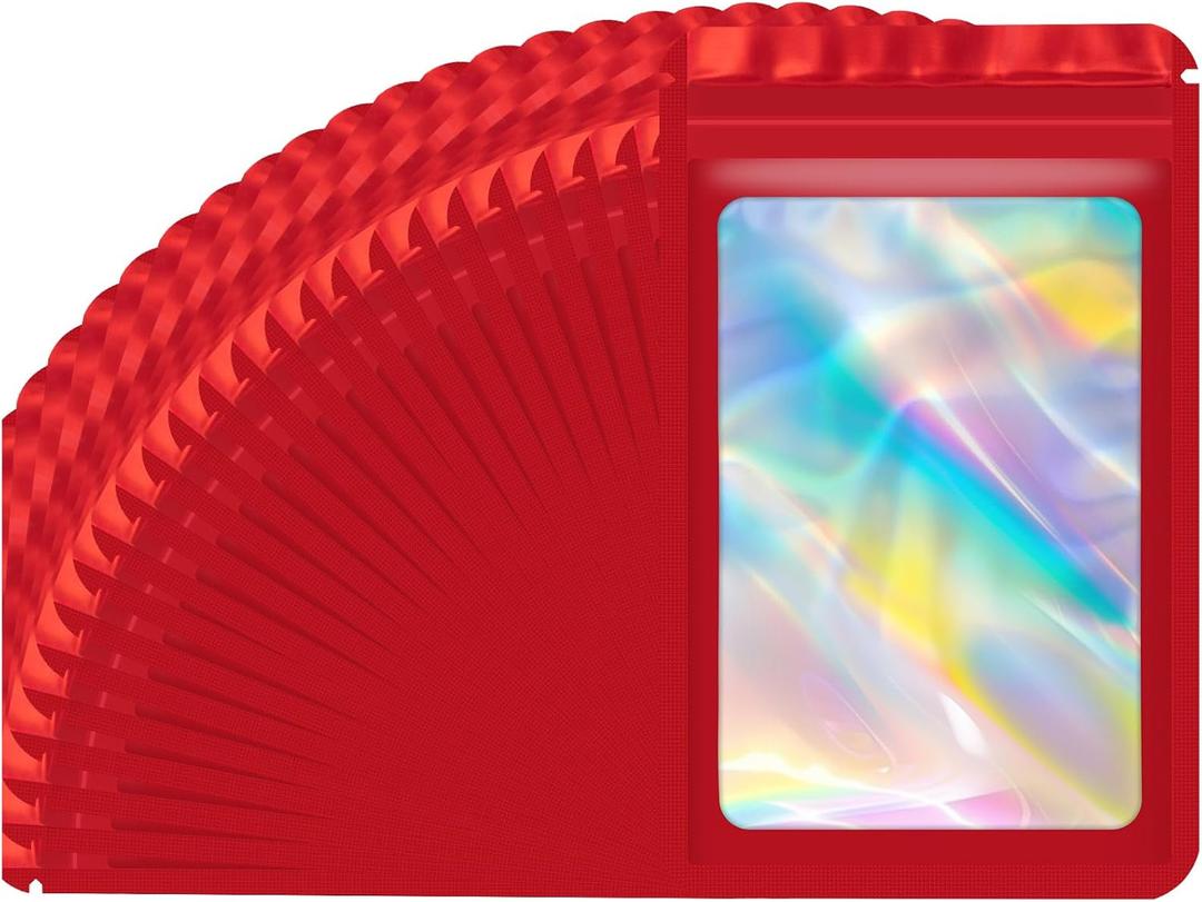 100 pcs Mylar Bags, Resealable Holographic Bags, Sealable Packaging Bags for Small Business, Freshie Supplies, Candy Sample Jewelry Product Bag, Foil Pouch for Party Favor (46 Inch, Red)