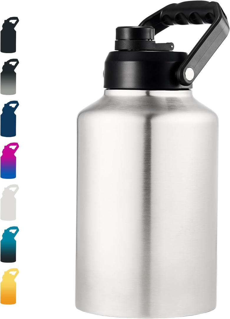 Fijinhom Insulated Gallon Jug, Large 128oz Stainless Steel Insulated Water Bottles with Handle, Leak proof, Double-Wall Vacuum Insulation for Construction Sites, Camping and Hiking, Stainless steel