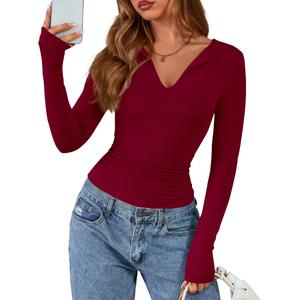 BTFBM Long Sleeve Shirts for Women 2025 Fall Fashion V Neck Knit Ruched Slim Fit Casual Basic Tees Going Out Tops Y2k(Burgundy, Small) (Red, S)