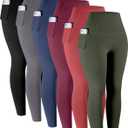 LZYVOO Leggings with Pockets for Women, 6 Packs Soft High Waisted Tummy Control Workout Yoga Pants (Black,Gray,Navy,WineXRedJGreen-3XL)