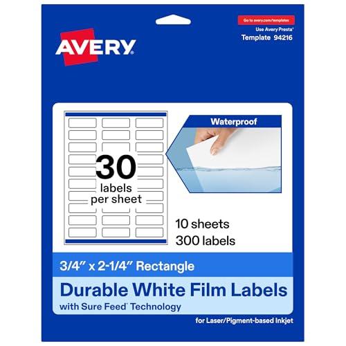 Avery Printable Durable White Rectangle Labels, Sure Feed Technology, 0.75" x 2.25", Print-to-the-Edge, Waterproof Labels, Laser & Pigment-Based Inkjet Compatible, 300 Total