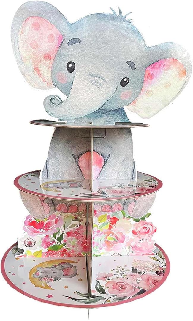 Pink Elephant Cupcake Stand for 24 Cupcakes Baby Girl Baby Shower Decorations 3 Tiered Elephant Dessert Cake Table Displays Eelephant Birthday Party Decorations for Girl