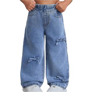 WDIRARA Girls' Bow Decor High Waisted Jeans Straight Leg Elastic Casual Denim Long Pants (Blue)