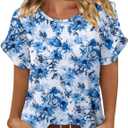 CRAZY GRID Women's Shirts Summer Casual Crewneck Ruffle Short Sleeve Blouses Cute Floral Print Tunic Tops (Blue, S)