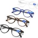 Reading Glasses Blue Light Blocking - Spring Hinges Round Eyeglasses for Men Women,4 Pairs Mix Color Anti Glare Filter Lightweight Readers with Pouches (4 Pairs Mix Color, 3.00)