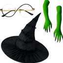 Halloween Witch Costume Set  Witch Hat, Green Claw Gloves & Glasses  4pcs Dress-Up Kit for Cosplay & Party Fun