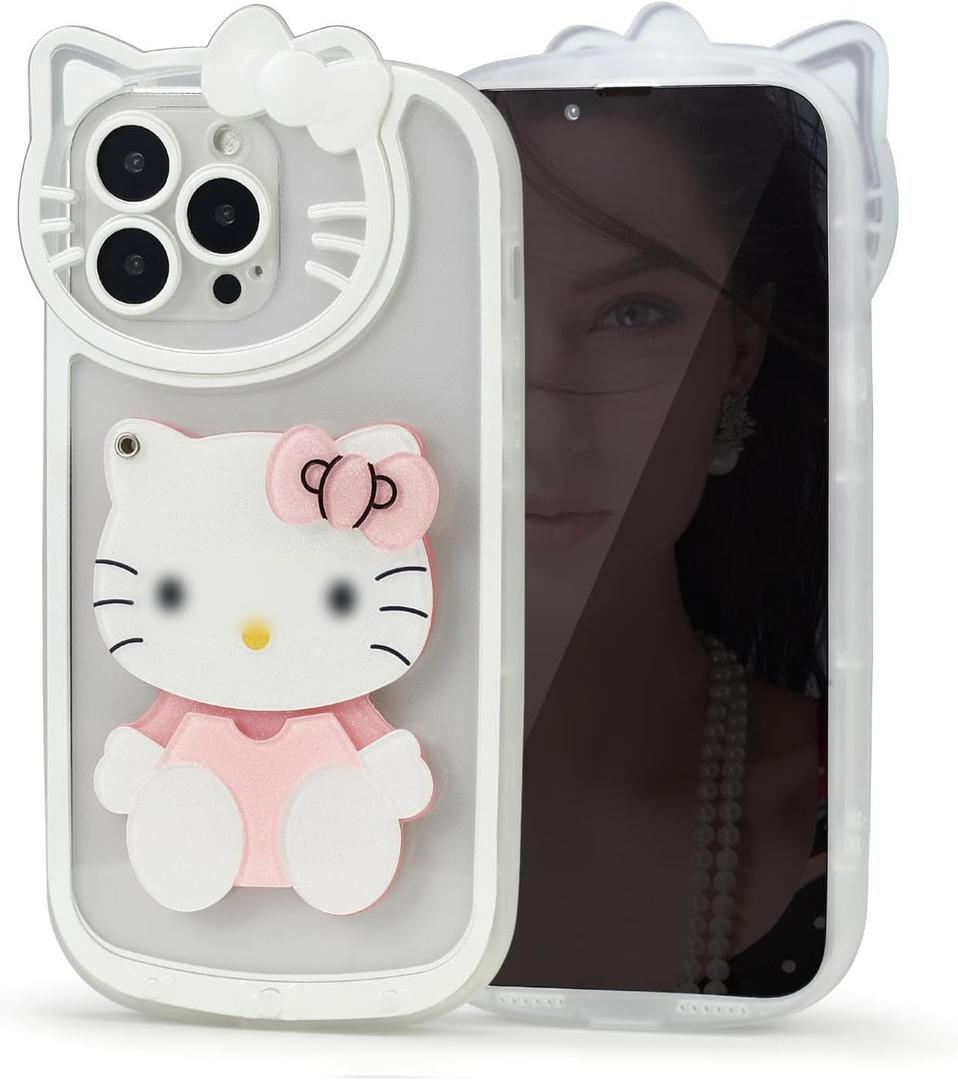 for iPhone 17 Pro Max Cute Cartoon Cat Case,Women Girls Kids 3D Bow Kawaii Cat Face Makeup Mirror Soft TPU Clear Protective Phone Cover for iPhone 17 Pro Max 6.9inch White
