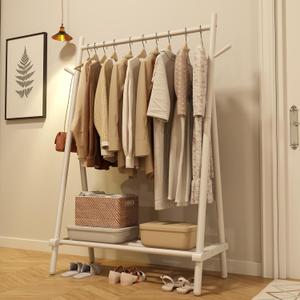 Solid Wood Clothes Rack, Clothing Rack for Hanging Clothes, Hanging Racks for Clothes with Shelves Load 350 Lbs Garment Rack (White)