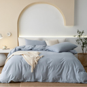 JIYUAN 100% Washed Cotton Duvet Cover Set 3 Pieces Queen, 1 Duvet Cover 90x90 Inches (Comforter Not Included) and 2 Pillowcases, Linen Feel Bedding Set Comfy and Breathable, Heathered Light Blue