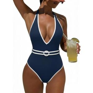 Women's One Piece Swimsuits Tummy Control Deep V Neck Bathing Suit Backless Color Block Swim Suit Halter Swimwear, Medium