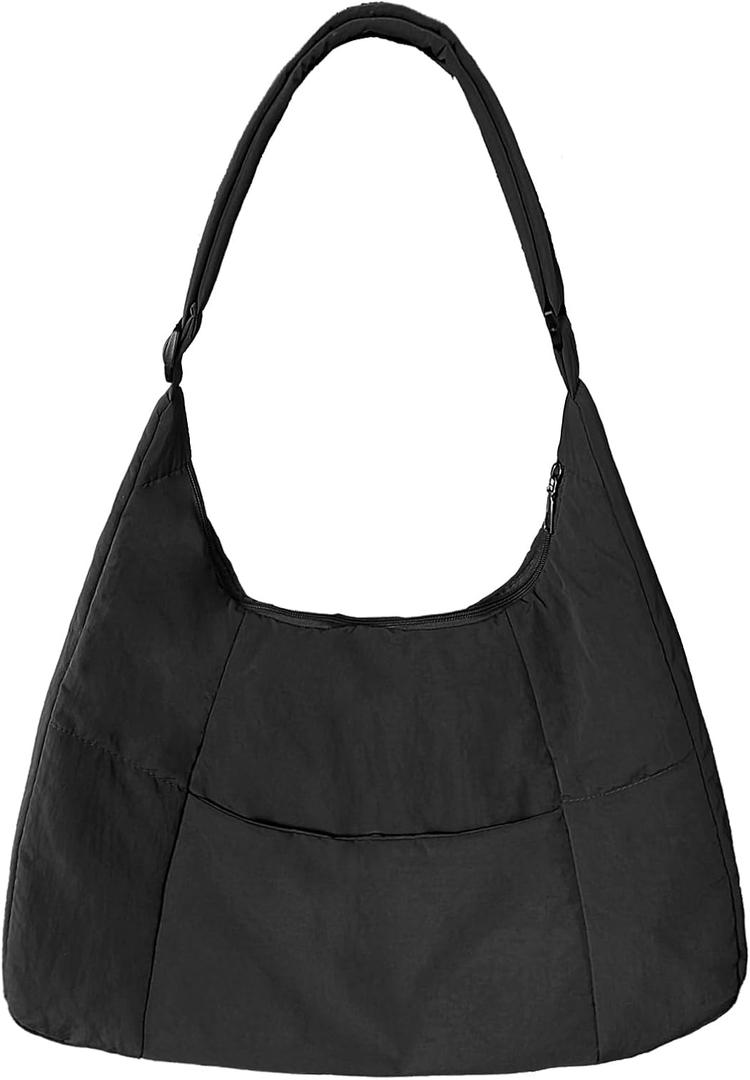 Large Nylon Crossbody Purse Women Hobo Crescent Shoulder Bag Slouchy Tote Bag Casual Weekend Handbag for Women (Black)