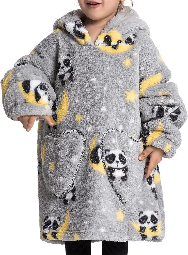 Wearable Blanket Hoodie for Kids Toddler Oversized Sweatshirt Cute Fleece Sherpa Blanket Girls Boys Grey Panda 2-5 Year