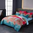 Bohemian Bed in a Bag 7 Pieces Full Size, Colorful Boho Style Red And Blue Printed, Reversible Comforter Set (1 Comforter, 1 Flat Sheet, 1 Fitted Sheet, 2 Pillow Shams, 2 Pillowcases) (Full, A)