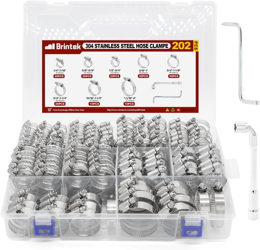 202PCS Hose Clamp Assortment, 1/4-2(6-51mm) Adjustable Stainless Steel Worm Gear Clamps for Plumbing, Pipe, Fuel Line, Automotive, Garden and Mechanical Applications
