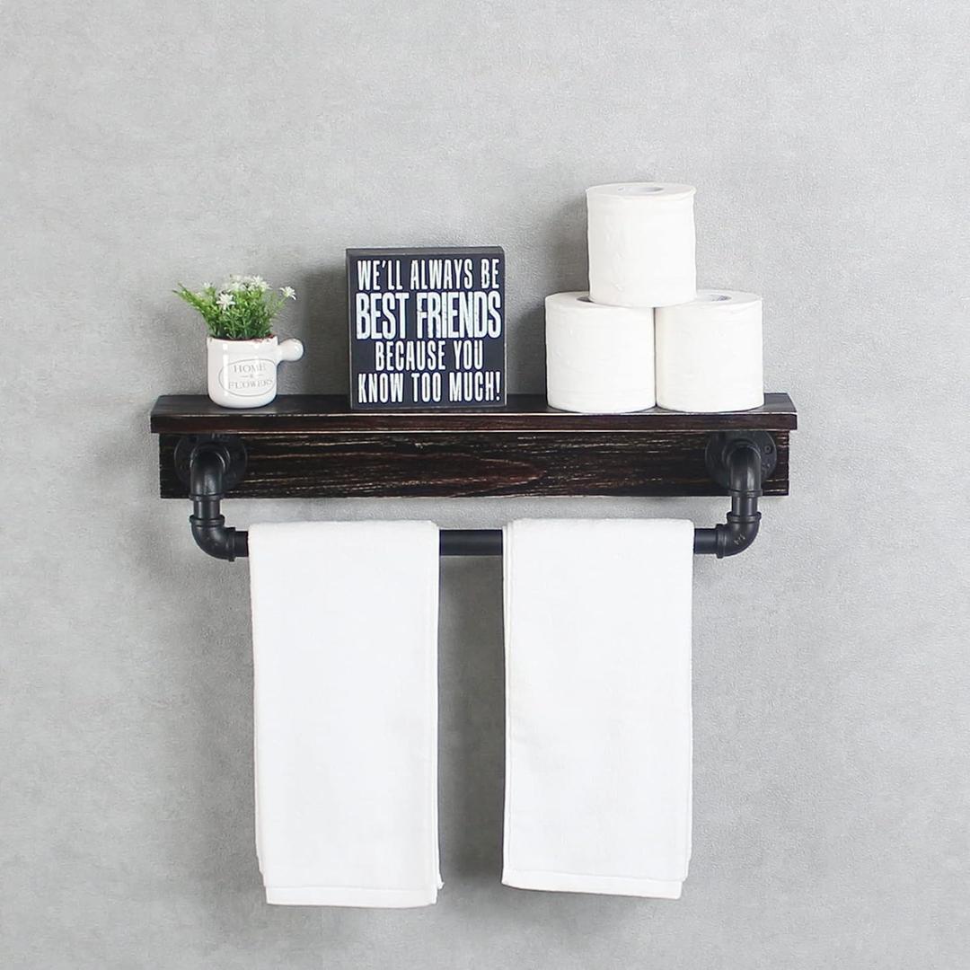 MBQQ Industrial Pipe Shelf,Rustic Wall Shelf with Towel Bar,24" Farmhouse Towel Racks for Bathroom,Floating Shelves Wall Mounted Home Decor Wooden Shelving,Retro Black, 24in