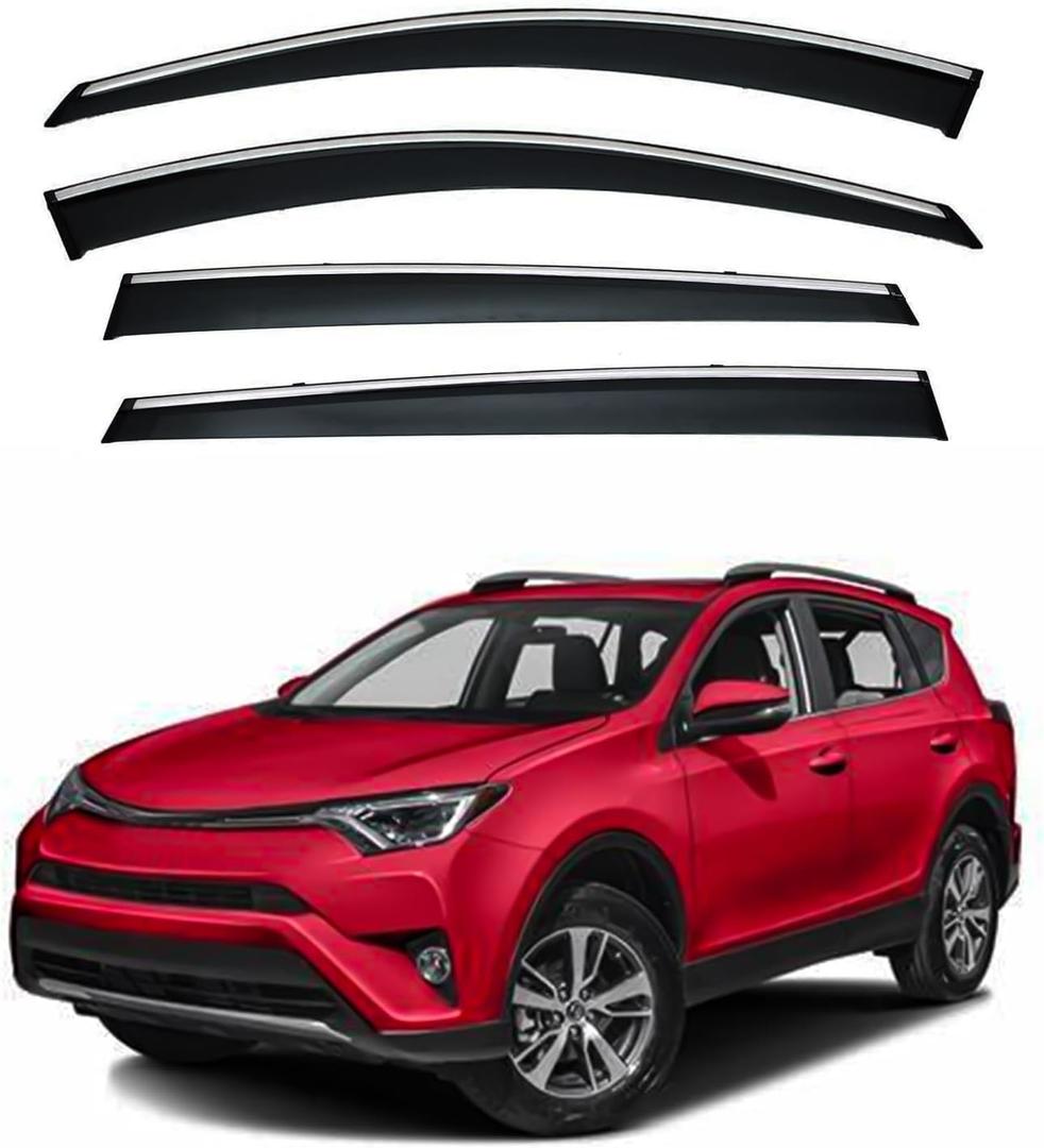 4pcs Smoke Tint with Chrome Trim Outside Mount Tape On/Clip On Style PVC Sun Rain Guard Vent Window Visors Compatible with 2013-2018 RAV4 RAV-4