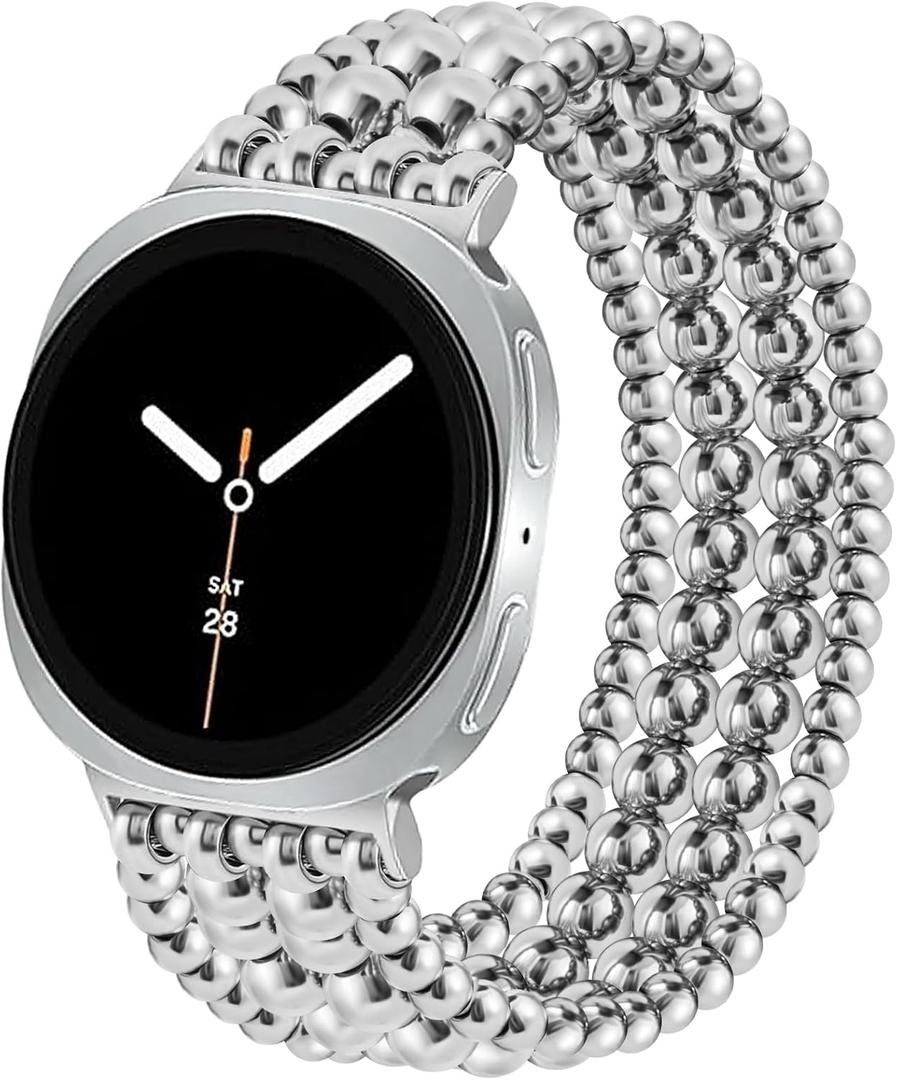 Dressy Beaded Bracelet Compatible with Samsung Galaxy Watch 8 Band 40mm 44mm/8 Classic 46 mm Women, Fashion Cute Strechy Stainless Steel Beads Strap for Galaxy Watch 8